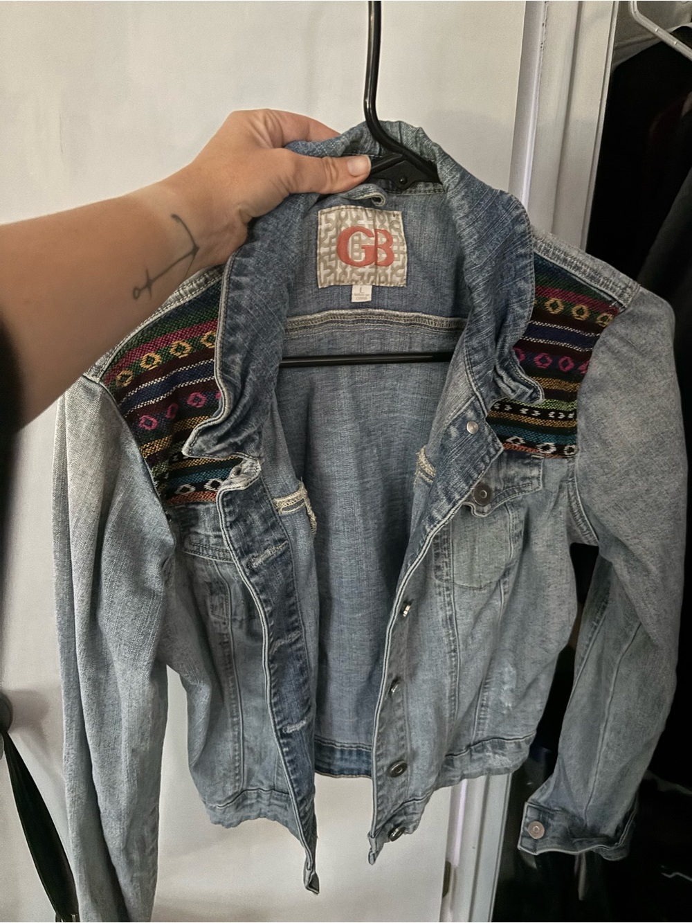 Gianni Bini Light Blue Denim Jacket with Colorful Embroidered Shoulders